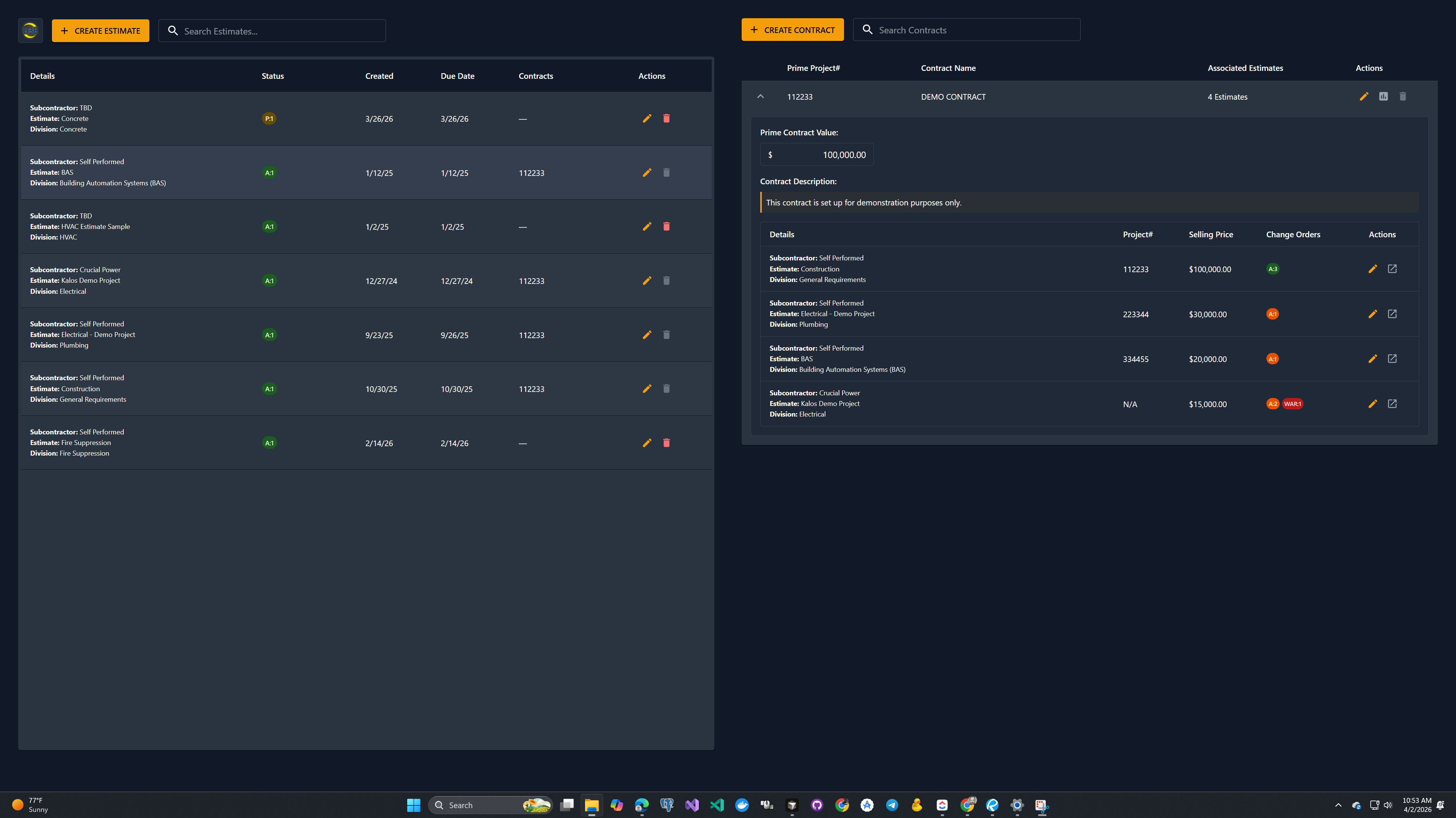 Contract management interface showing estimate tied to contract in Unity Build